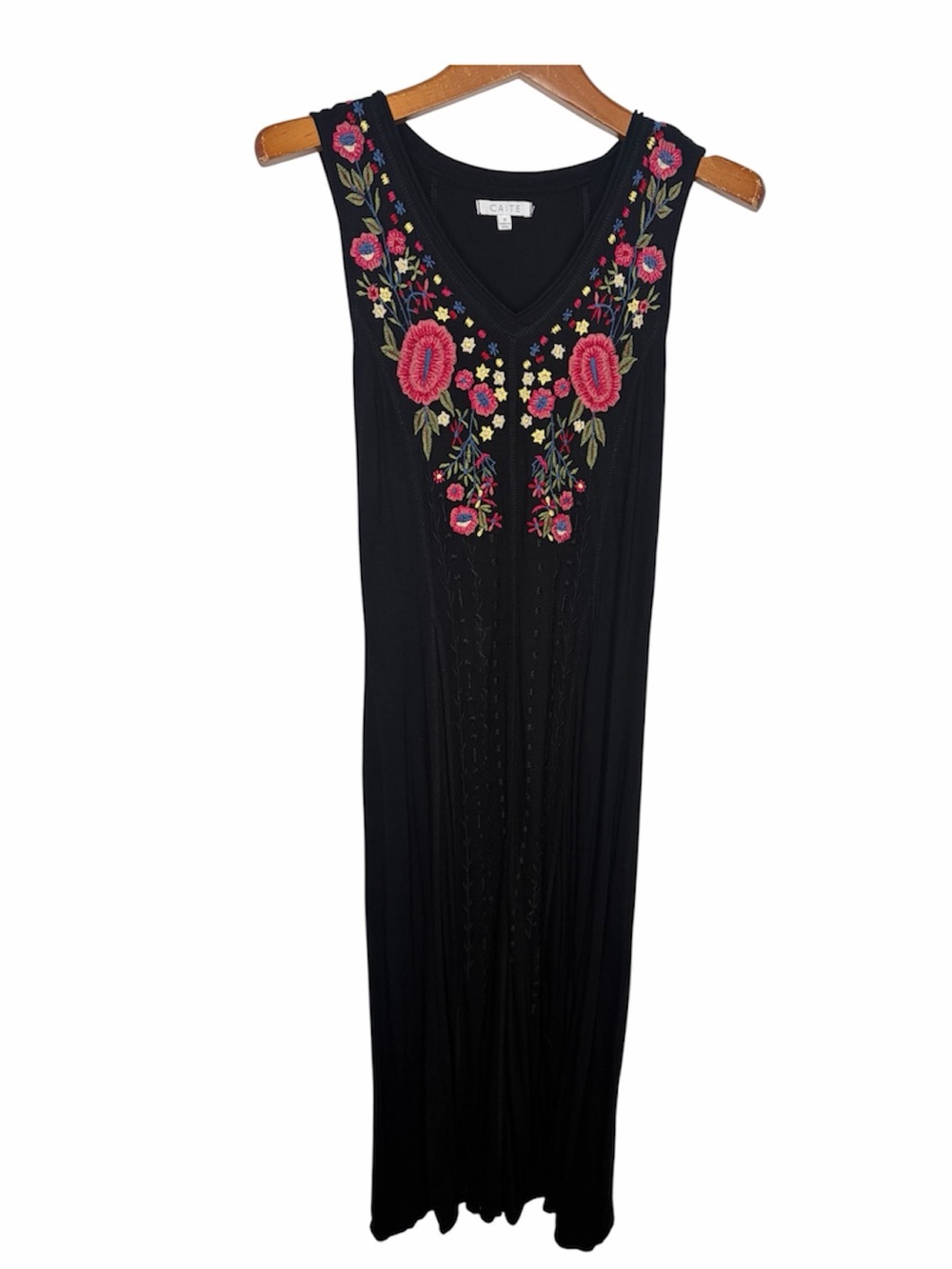 Anthropologie Caite Dress Womens Small Stretch Fit& Flair Embroidered Boho Midi.